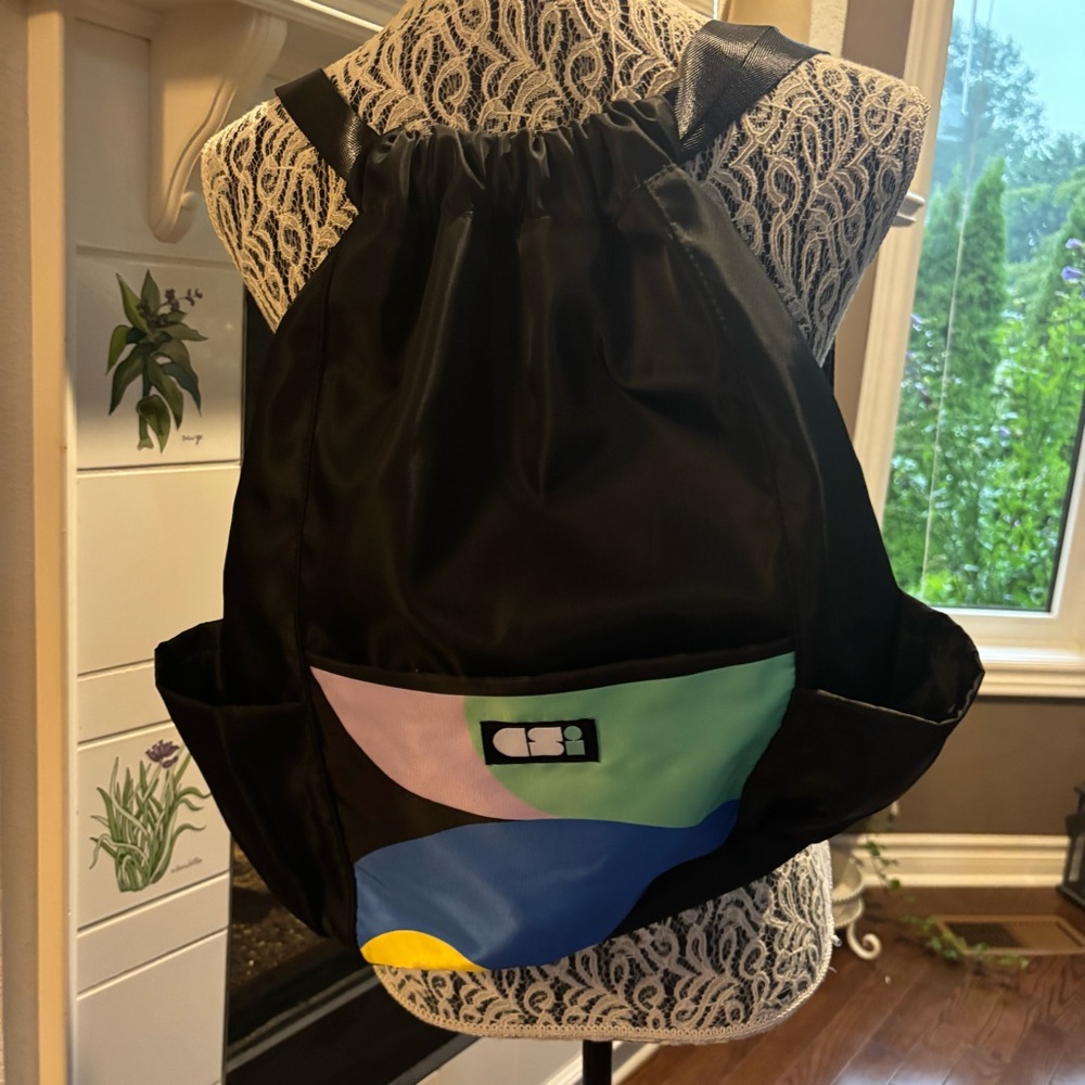 Black Drawstring Backpack with Colorful Pocket - Picture 3 of 8
